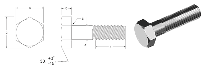 Stainless steel hex head bolts dimension