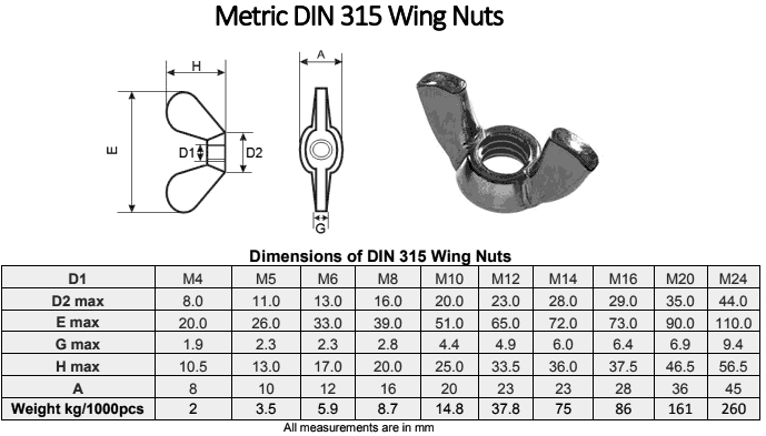Stainless Steel Wing Nuts Dimensions